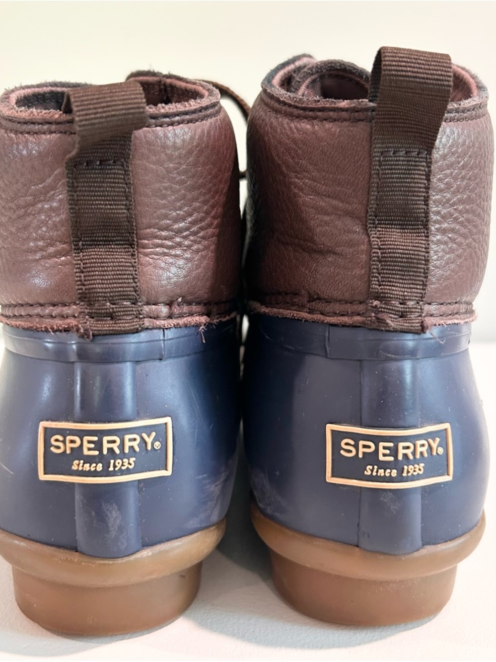 Sperry Saltwater Waterproof Duck Boots Brown Navy Leather Rain Boots 8.5 - Picture 8 of 11